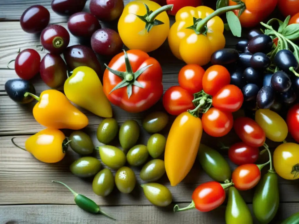 Una exuberante variedad de frutas y verduras mediterráneas en una mesa rústica, con colores vibrantes y texturas detalladas