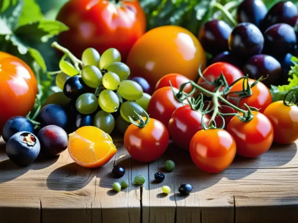 Una exuberante variedad de frutas y verduras mediterráneas en una mesa de madera rústica, evocando la longevidad de la dieta mediterránea antigua