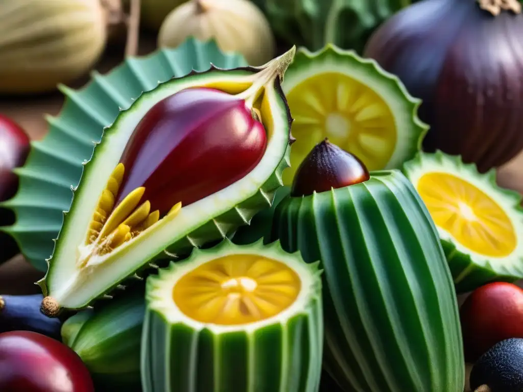 Delicias Africanas: Frutas y verduras autóctonas en su esplendor Una exuberante variedad de frutas y verduras africanas indígenas, destacando colores, texturas y frescura en la dieta precolonial africana
