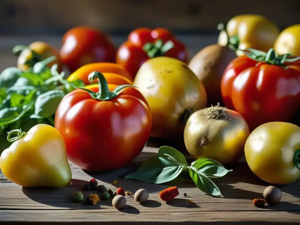 Una exuberante variedad de ingredientes del Intercambio Columbino sobre mesa rústica, simbolizando la globalización gastronómica