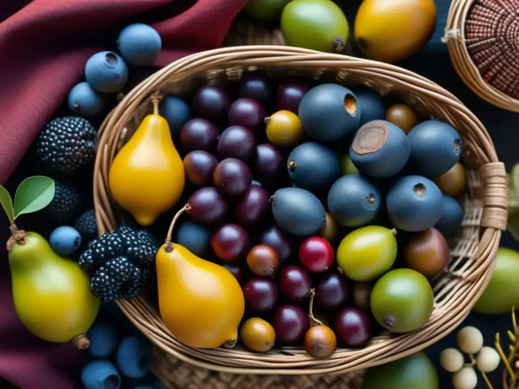 Una exuberante variedad de ingredientes silvestres amazónicos en una cesta tejida, resaltando su belleza natural