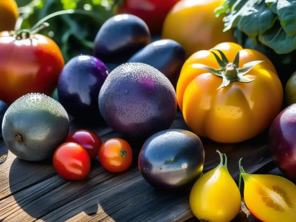 Exuberante cosecha de vegetales orgánicos en mesa rústica Una exuberante variedad de productos orgánicos en festividades históricas, resplandeciendo frescura y color