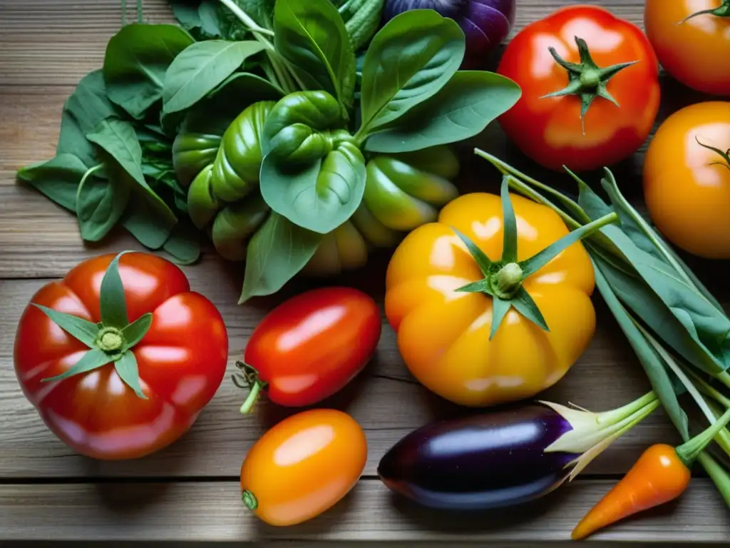 Una exuberante variedad de vegetales recién cosechados en una mesa rústica