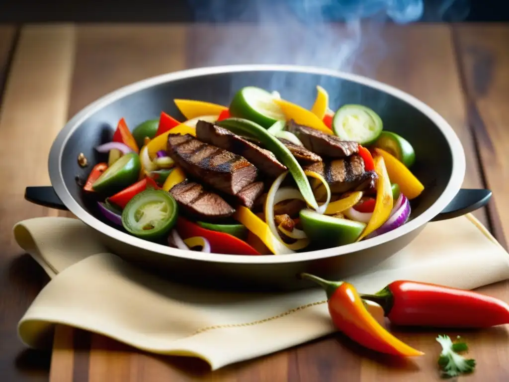 Sartén de fajitas TexMex: recetas históricas con carne, pimientos y cebolla, humeante y colorido