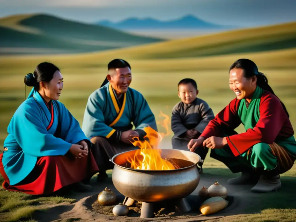 Una familia nómada mongola comparte una comida alrededor de un caldero humeante en la estepa, mostrando la cocina mongol invasión culinaria India