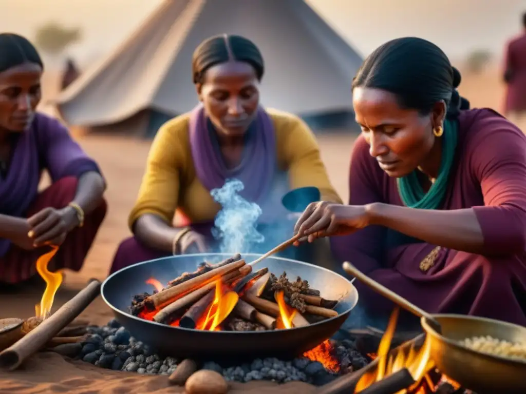 Familia nómada en el Sahel prepara comida tradicional, mostrando adaptaciones culinarias pueblos Sahel