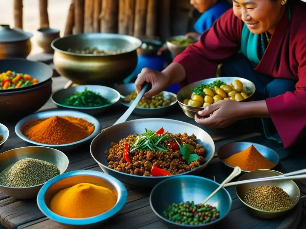 Una familia nómada mongola prepara una variedad de platos coloridos en un bullicioso mercado de la India