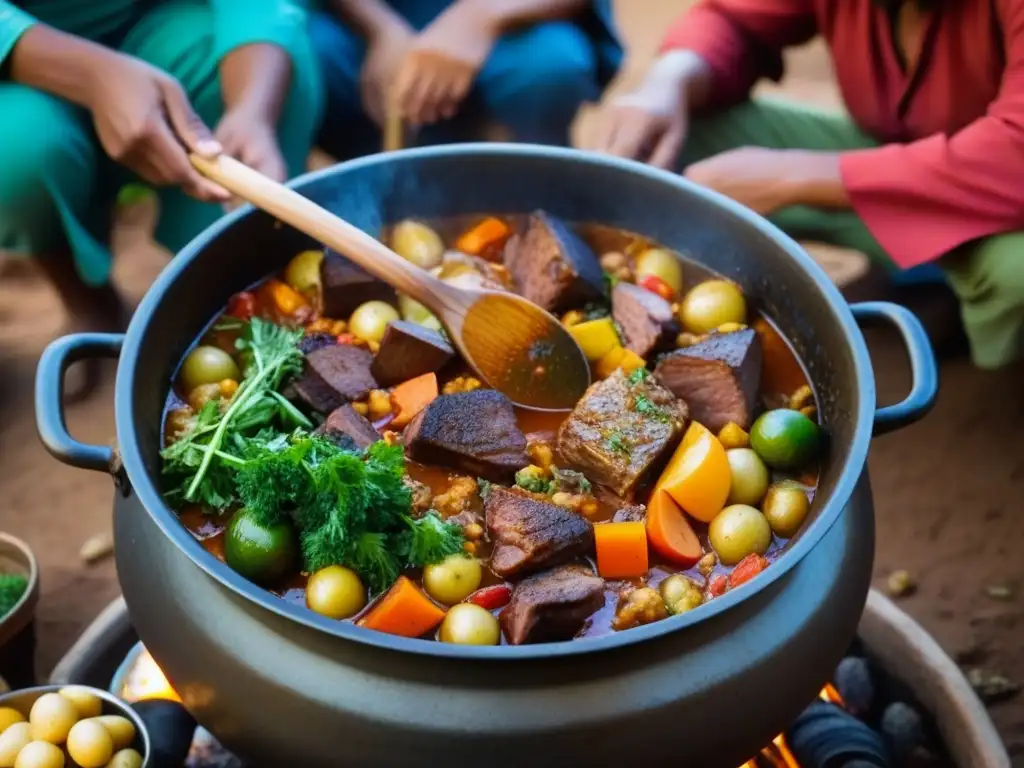 Una familia saheliana prepara una comida tradicional alrededor de un fuego, mostrando adaptaciones culinarias pueblos Sahel