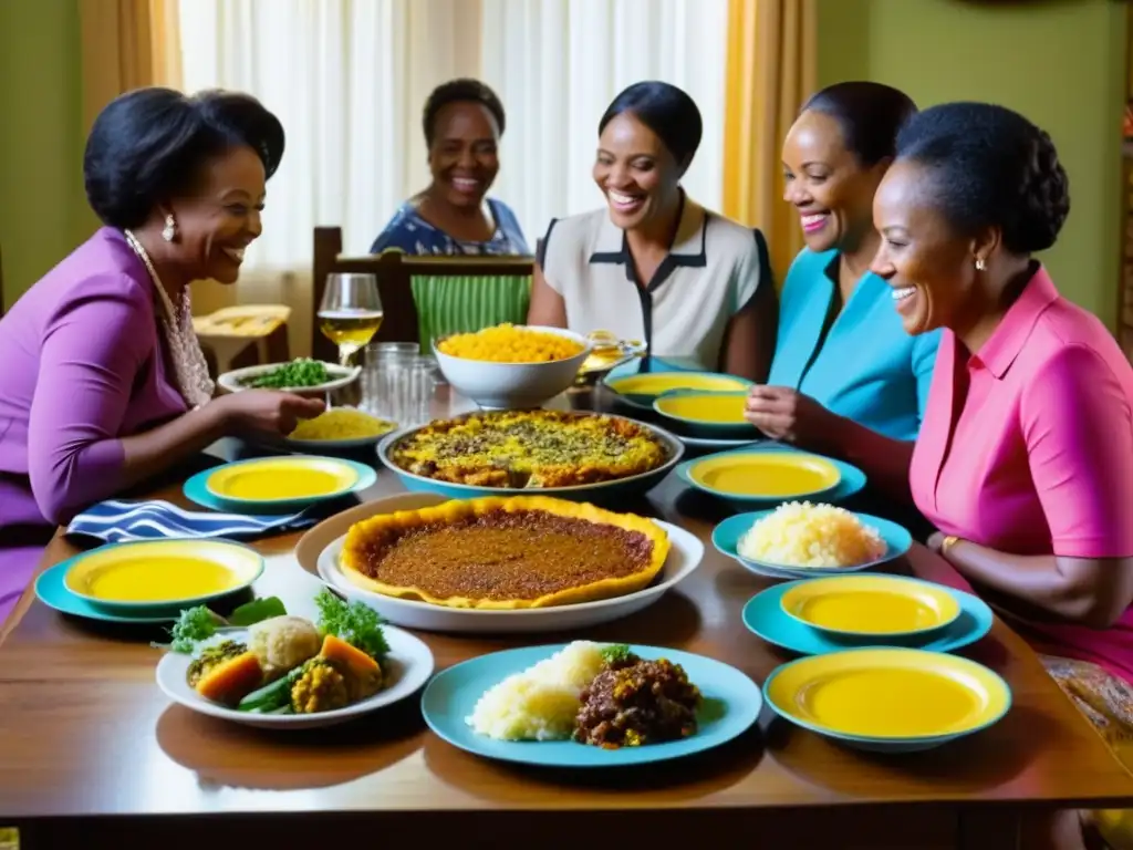 Una familia sudafricana unida alrededor de la mesa, compartiendo platos tradicionales a pesar del apartheid