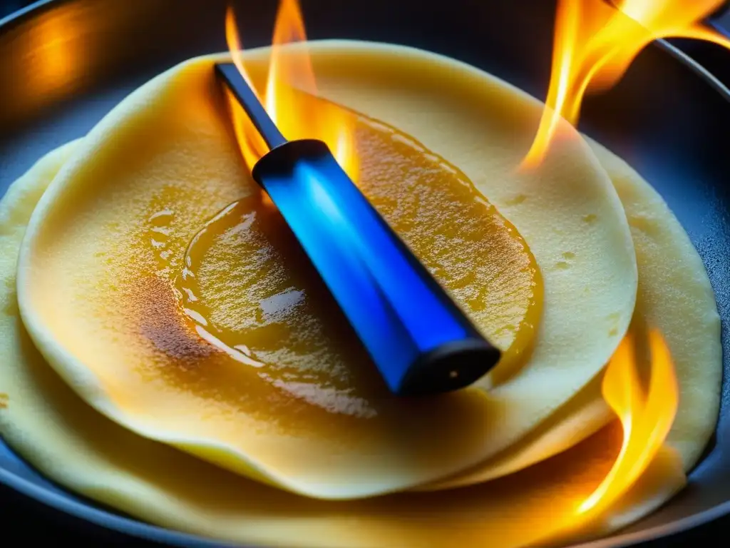 Un fascinante flambeado de Crepes Suzette en sartén, con llamas danzantes y contrastes de colores, evocando la elegancia de la repostería francesa