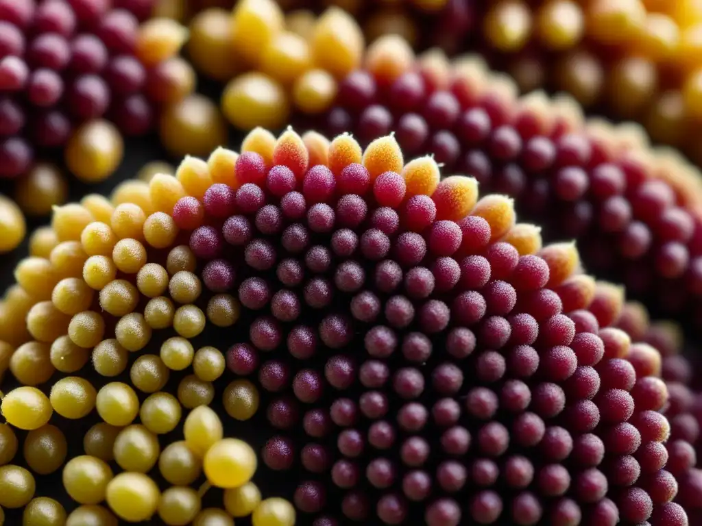 Una fascinante historia del supergrano amaranto: detalladas semillas de amaranto reflejan la luz, mostrando su valor nutricional y origen ancestral