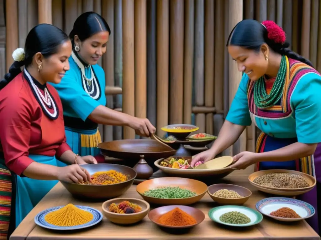 Un festín ancestral: mujeres indígenas preparando recetas históricas en un ambiente culturalmente enriquecedor