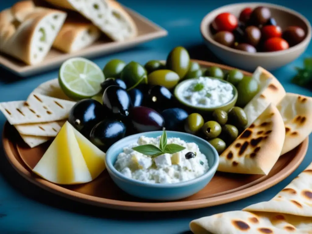 Un festín de la antigua dieta griega: plato de meze con dolmades, tzatziki, queso feta, aceitunas y pan pita fresco