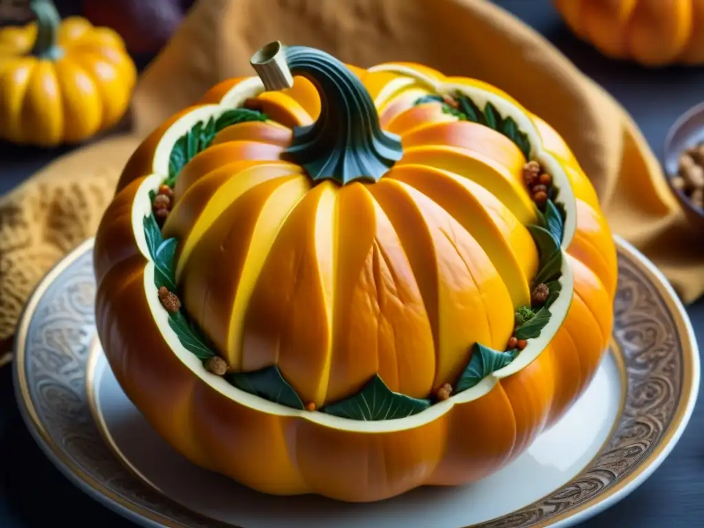 Festín de Calabaza Armenio: Detalle de un Ghapama tallado y colorido, mostrando la artesanía y tradición de la receta festiva