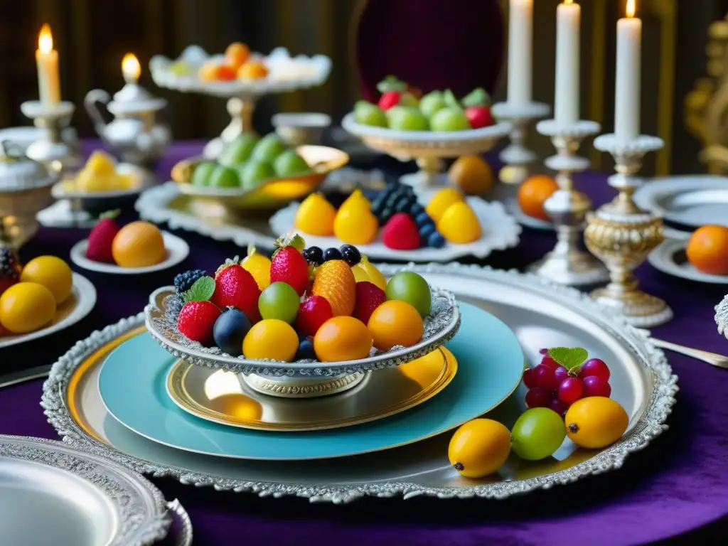Banquete Barroco: Detalles de una mesa opulenta y exquisita Un festín barroco: mesa ricamente decorada con frutas, esculturas de mazapán y azúcar