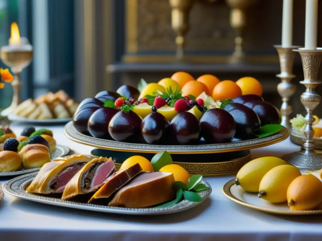 Banquete Bizantino: Opulencia y Detalles Exquisitos Un festín bizantino con exquisitos manjares y ornamentación detallada
