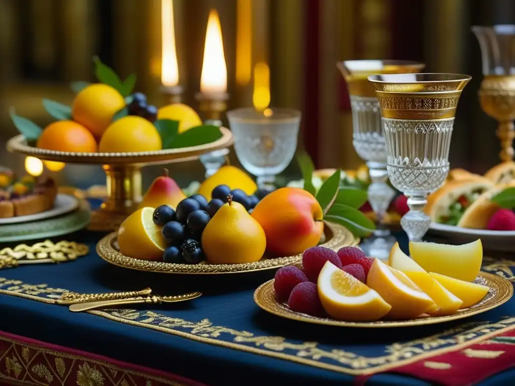 Banquete bizantino: mesa lujosa y detallada Un festín bizantino: platos decorados, frutas coloridas, carne glaseada y pasteles delicados en una mesa lujosa