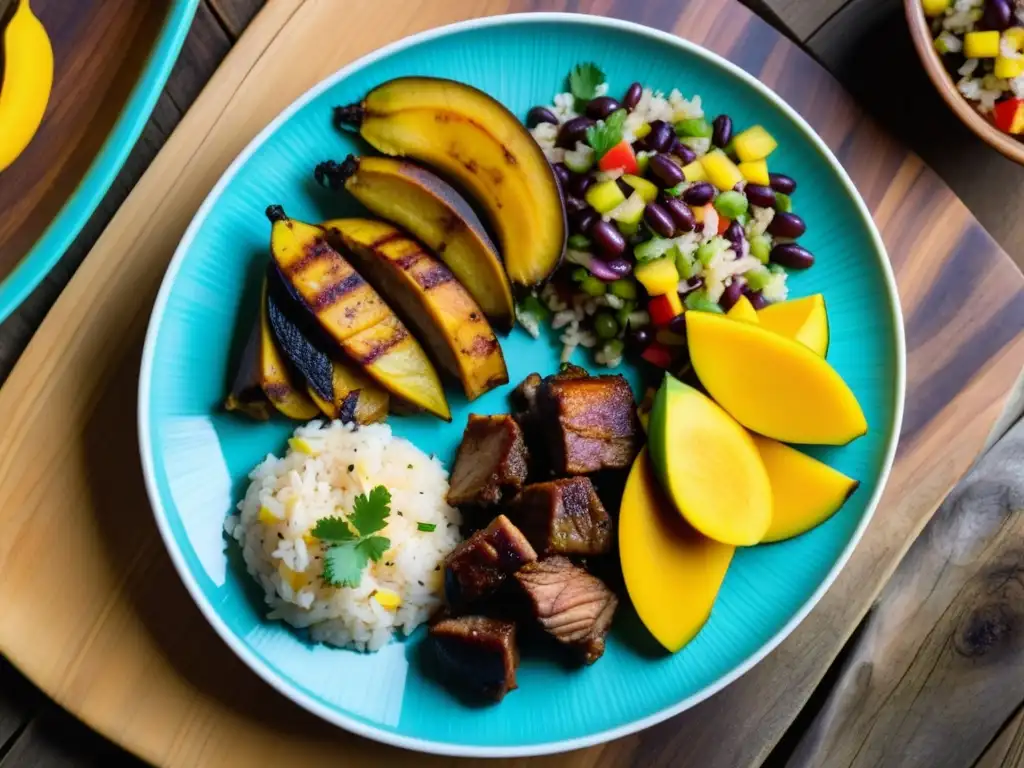 Un festín caribeño: plátanos amarillos, pollo jerk, arroz con guisantes y salsa de mango