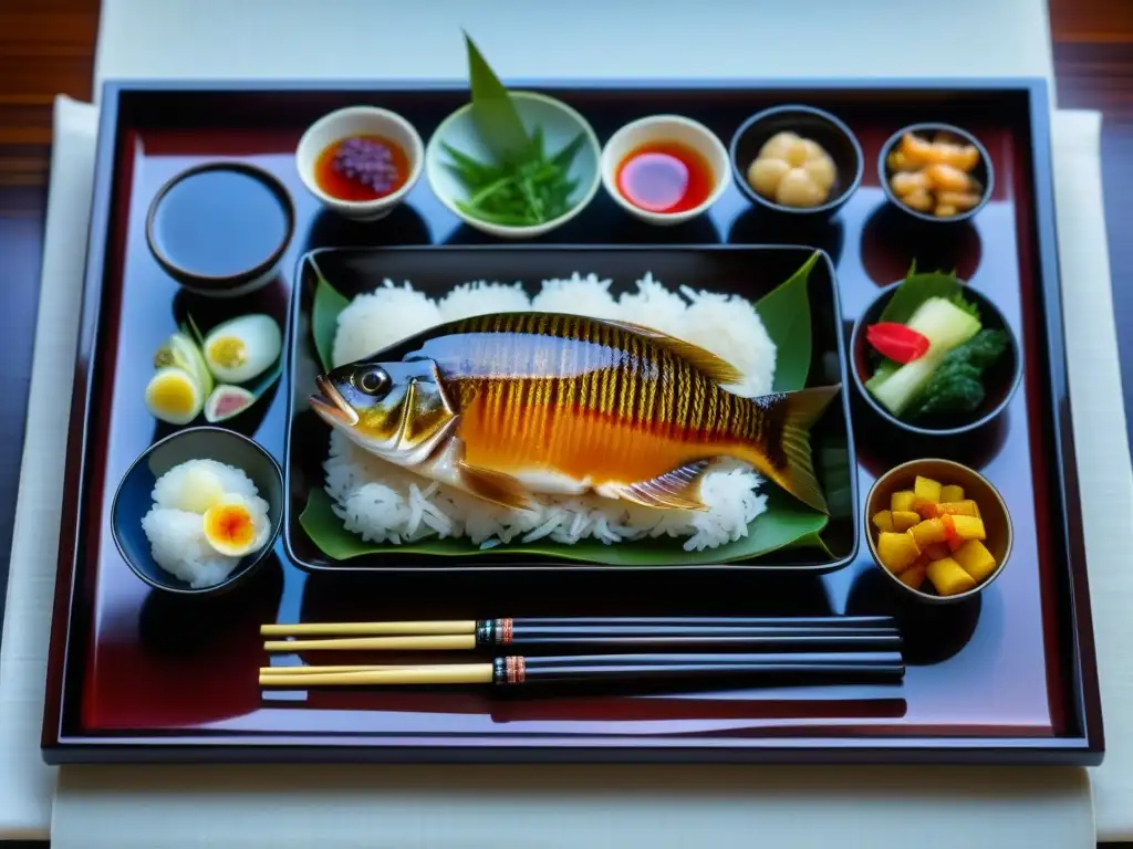 Un festín ceremonial detallado de la Era Kamakura: pescado fresco, vegetales encurtidos, arroz y dulces de pasta de frijol