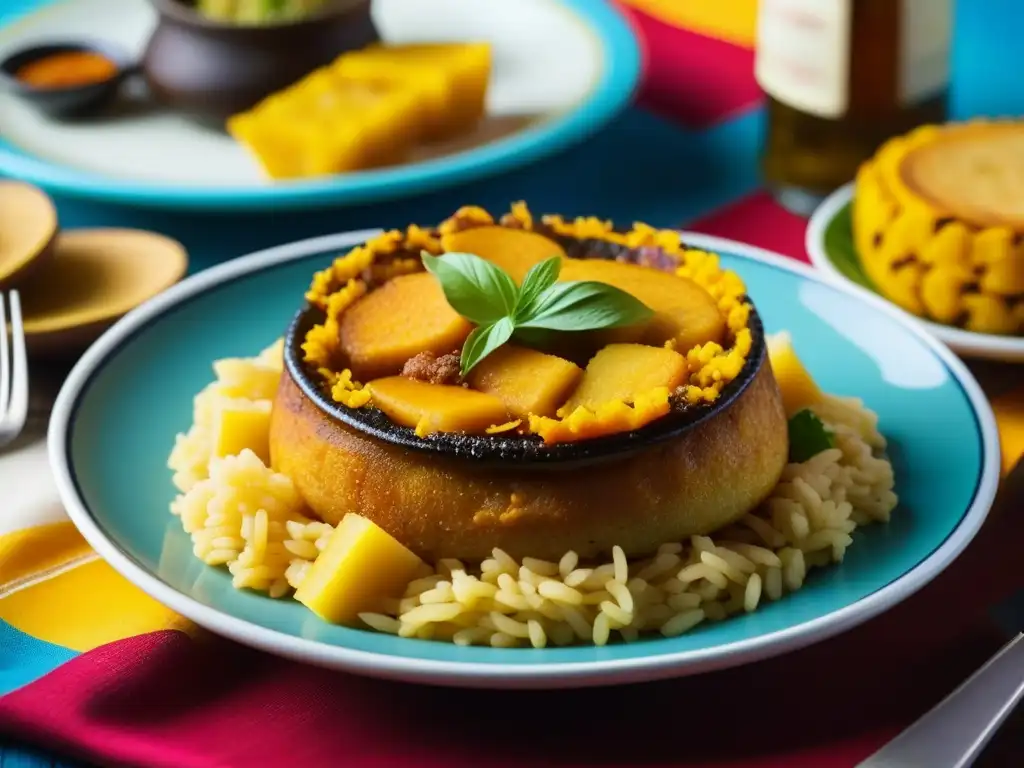 Un festín de cocina criolla con mofongo, arroz con gandules, tostones y pasteles