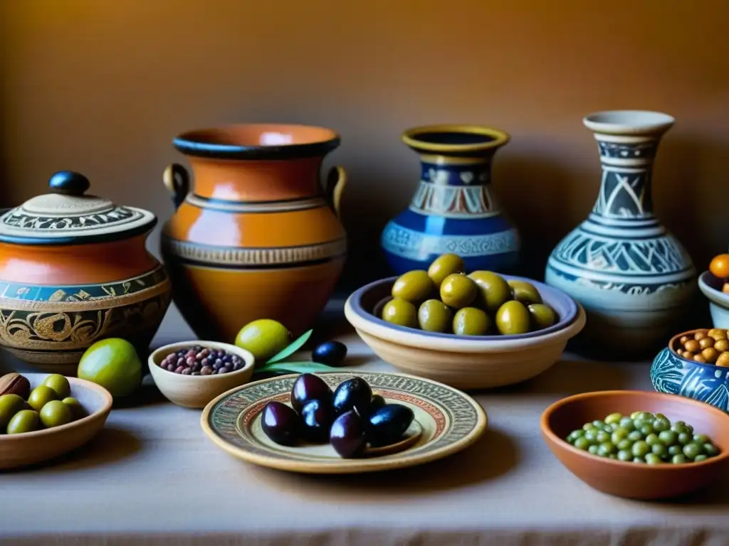 Un festín de la cocina romana: mesa detallada con artefactos antiguos y exquisitos alimentos