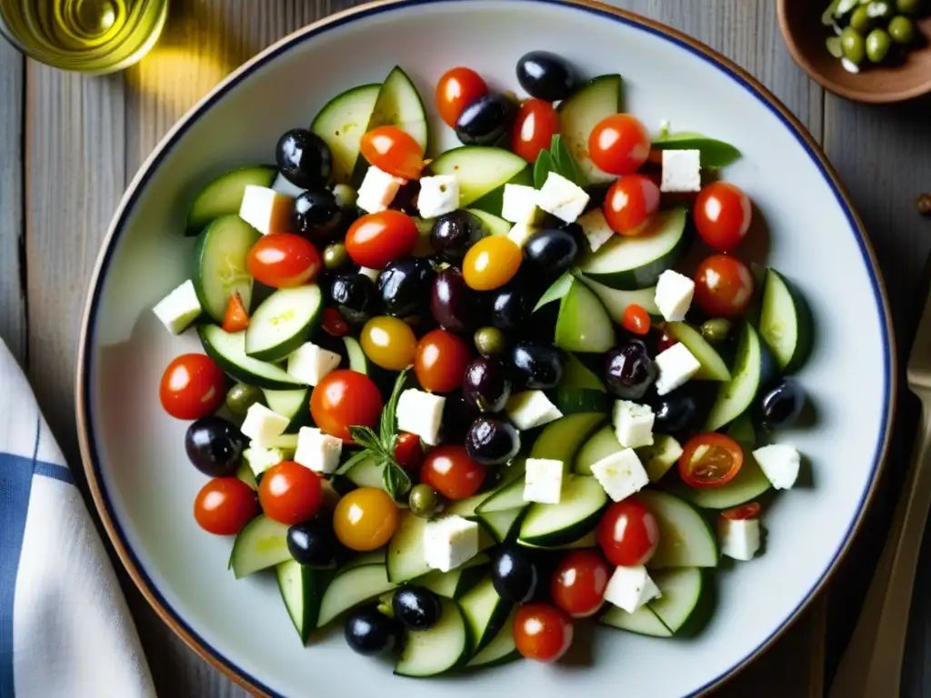 Un festín de colores y sabores de la cocina griega moderna, con queso feta, tomates, pepino, aceitunas y aceite de oliva en un plato cerámico