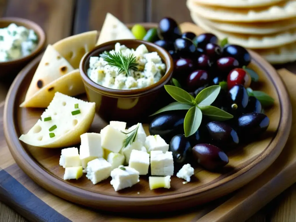Un festín de colores y sabores griegos: aceitunas, queso feta, dolmades, tzatziki y pan pita fresco en una tabla rústica
