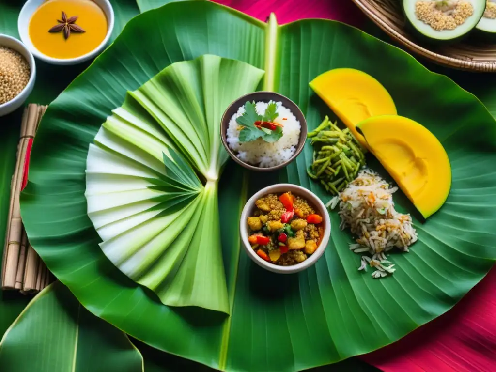 Un festín colorido de platillos vegetarianos del Sudeste Asiático en hojas de plátano