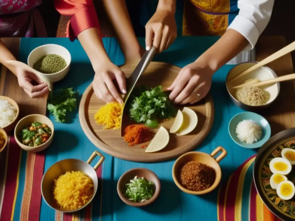 Un festín de culturas: manos diversas cocinando platos tradicionales, resaltando la importancia de las mujeres en la historia culinaria