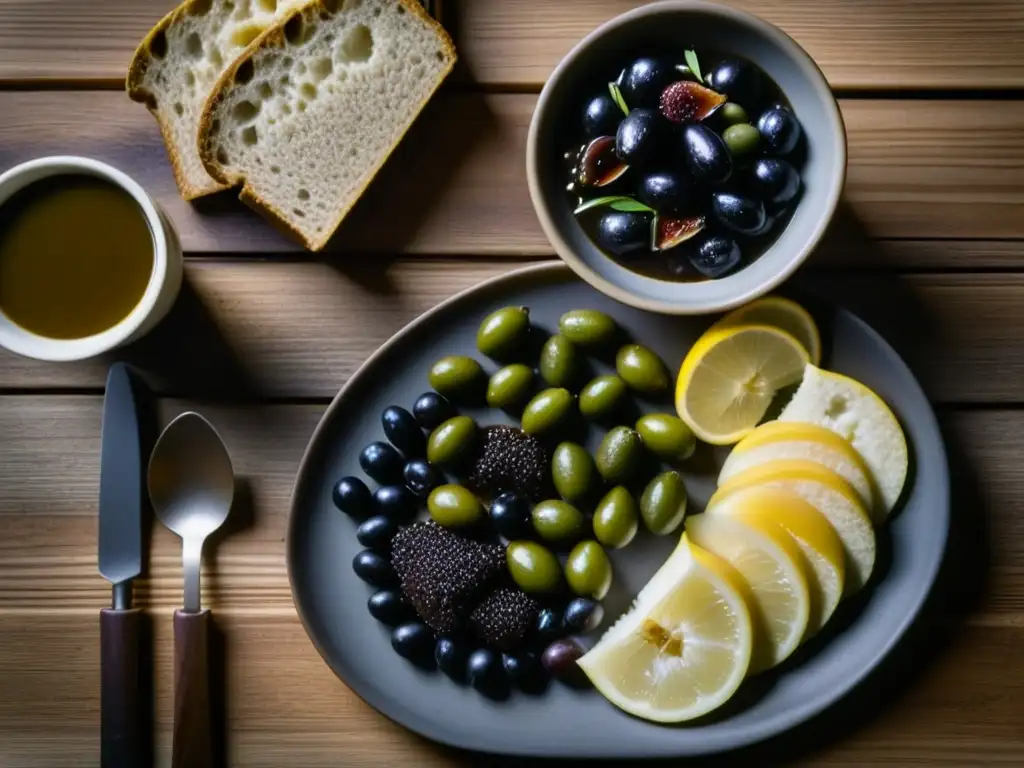 Festín espartano en mesa de madera: caldo negro, pan de cebada, aceitunas y higos en un ambiente rústico