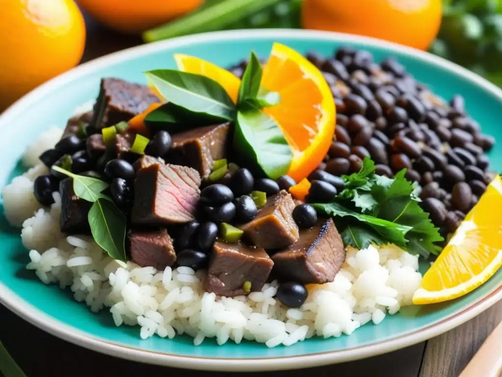 Un festín de Feijoada brasileña con colores vibrantes y contrastes visuales sorprendentes, platos históricos libertadores unión