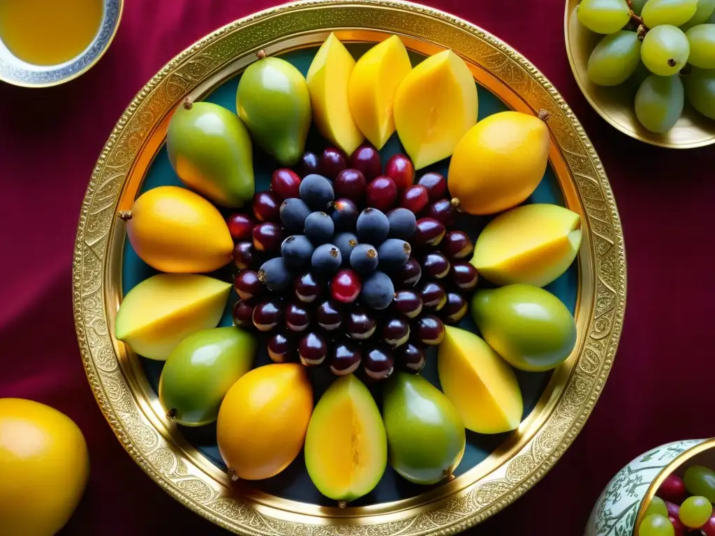 Un festín de frutas exóticas en un plato mughal histórico, detallado y vibrante