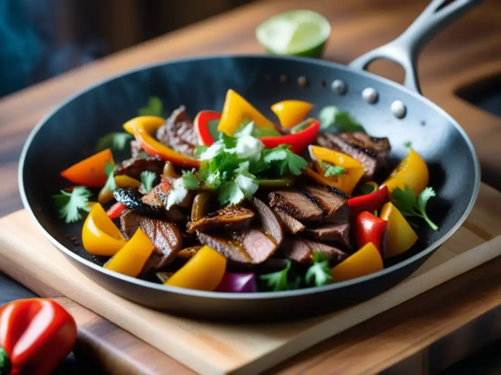 Un festín de fusión culinaria TexMex historia: sabrosa fajita en sartén, colores vibrantes y vapor tentador