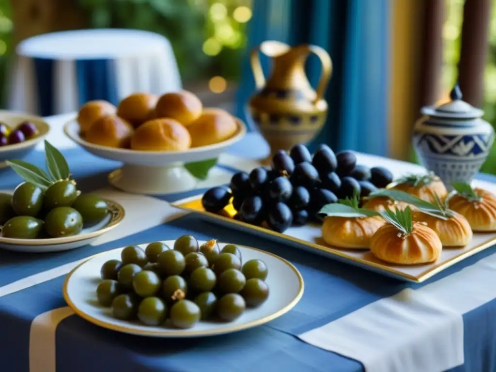 Un festín griego antiguo decorado con exquisitez: dulces, hojas de parra rellenas, aceitunas y hierbas aromáticas, todo en vajilla y tejidos elegantes