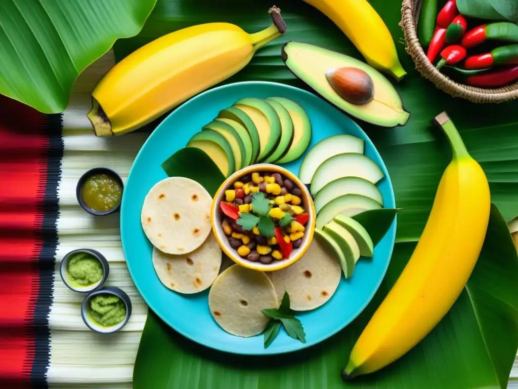 Festín de guerreros mayas: dieta histórica con maíz, frijoles, aguacate y frutas tropicales, destaca colores y texturas