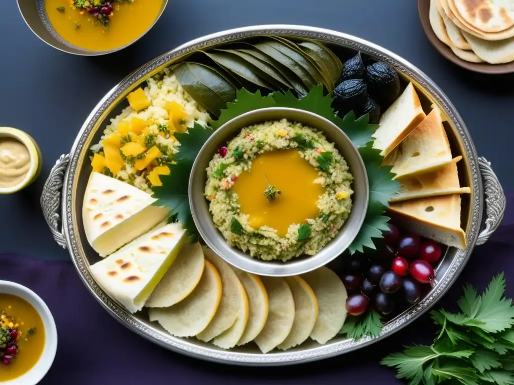 Un festín de historia culinaria armenia: pilaf, hojas de parra rellenas, hummus y lavash, resaltando la fusión de sabores y tradiciones