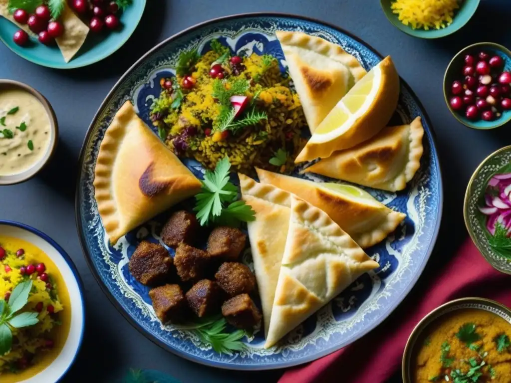 Un festín histórico de Persia e India: plato de cerámica decorado con exquisitas recetas tradicionales y colores vibrantes