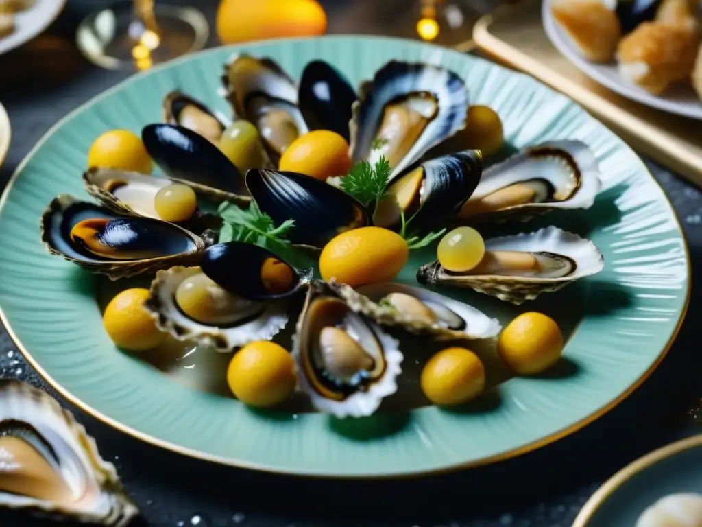 Un festín del Imperio Romano con delicias marinas: ostras, mejillones, vieiras y más, en una mesa lujosa