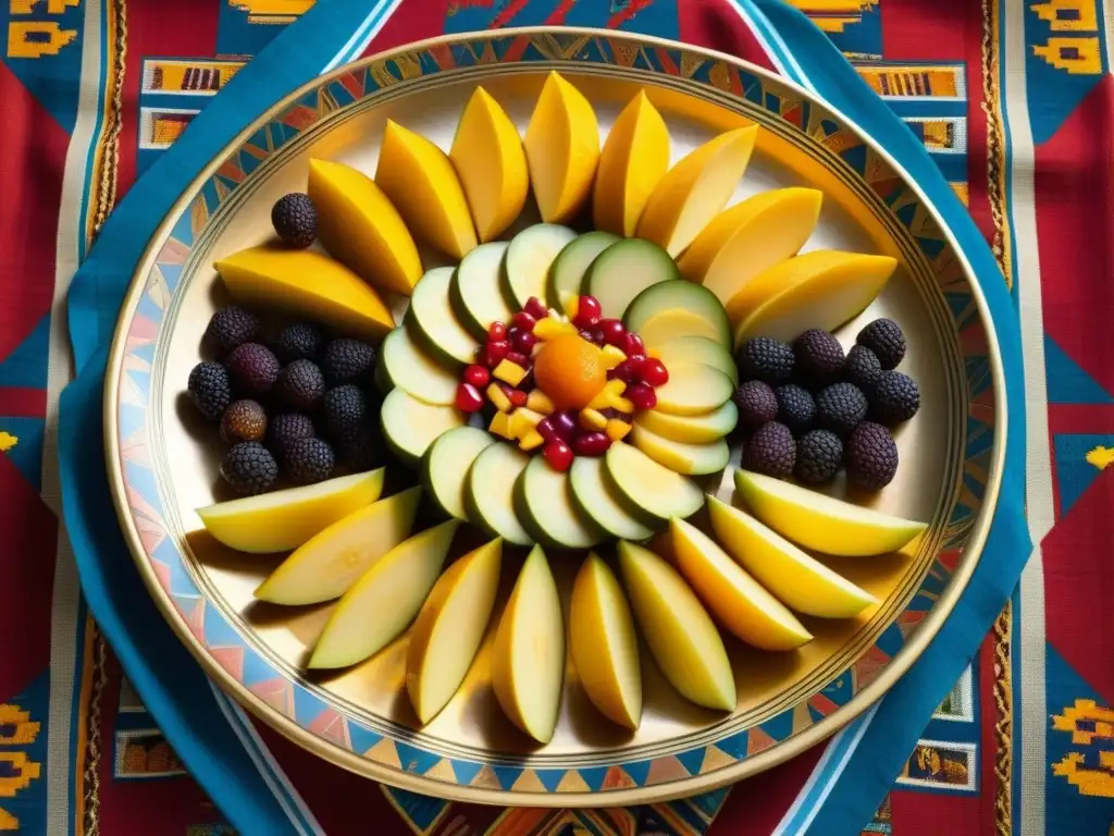 Una festín inca detallado en una bandeja dorada, con alimentos y chicha, sobre un mantel con diseños geométricos