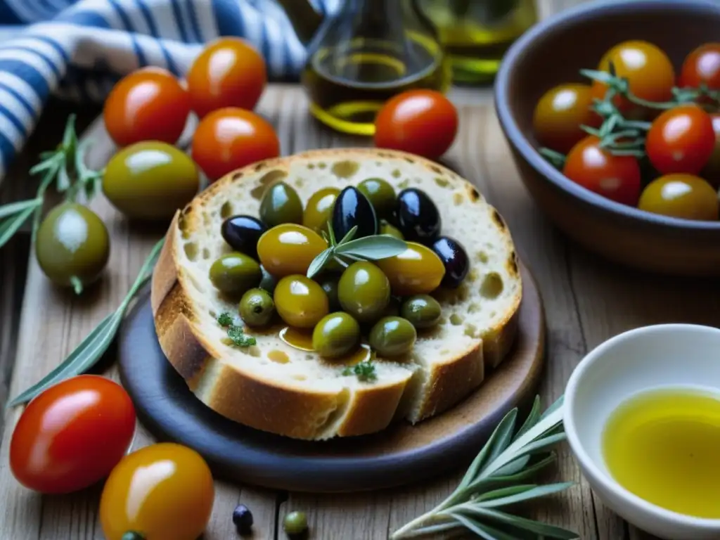 Un festín inspirado en la dieta mediterránea antigua: aceitunas, tomates, hierbas, aceite de oliva y pan integral en una mesa rústica