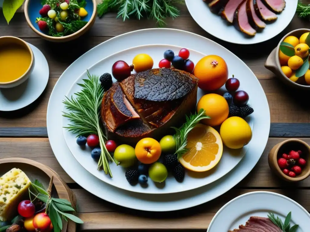 Una festín inspirado en Stonehenge con tradición culinaria del festival solsticio: frutas, hierbas y carnes asadas en platos antiguos