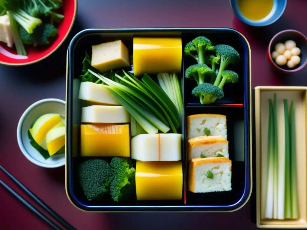 Un festín japonés tradicional en caja bento, reflejando la alimentación samurái influenciada por budismo