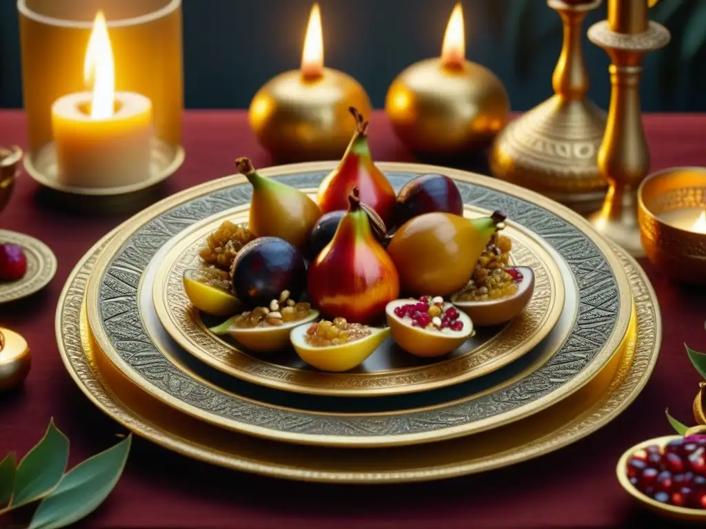 Festín de lujo egipcio: plato dorado con manjares y velas, inspiración gastronomía lujo cultura egipcia