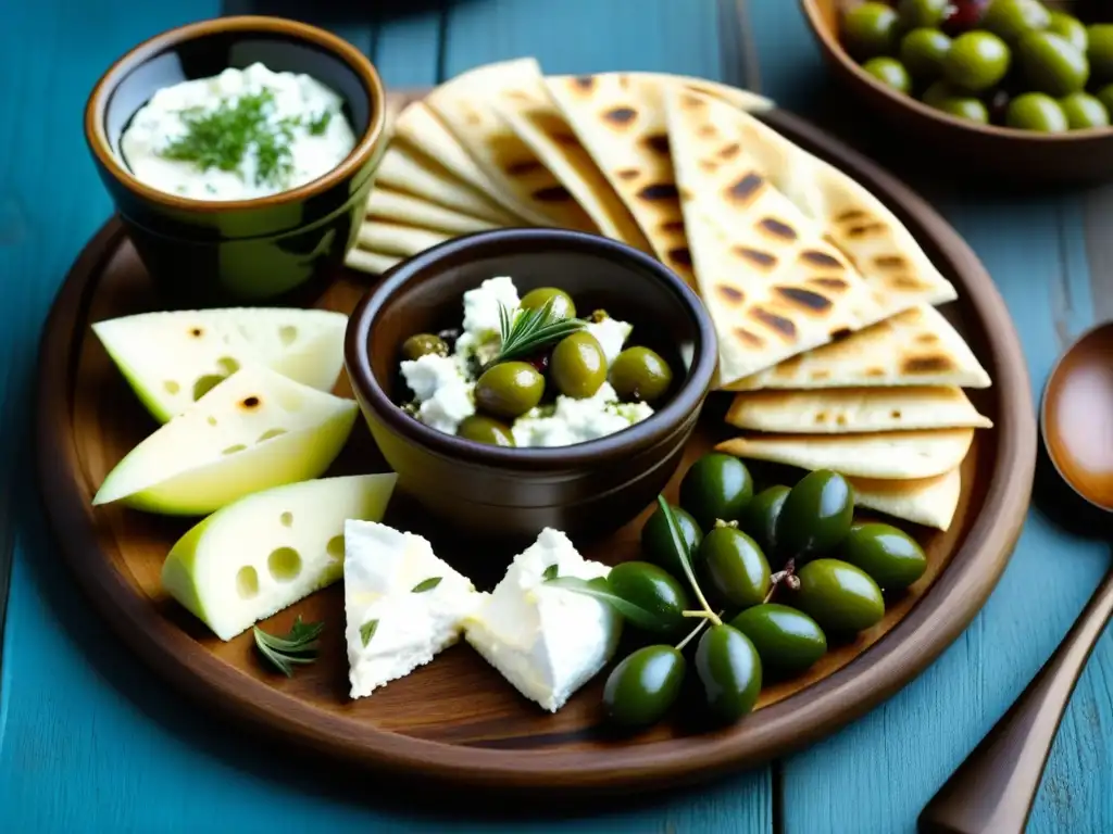 Un festín de lujo en Grecia: meze griego con aceitunas, queso feta, dolmades, tzatziki y pan pita, en una tabla de madera rústica