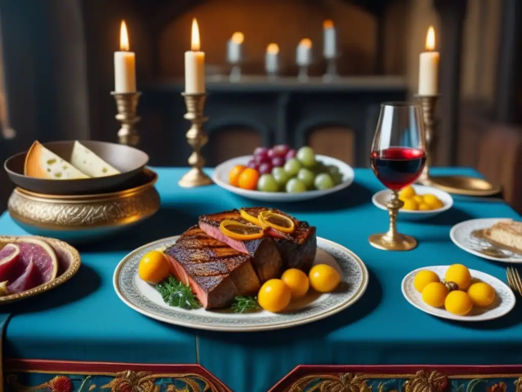 Un festín medieval detallado con platos, frutas, copas de vino y decoraciones ornamentadas