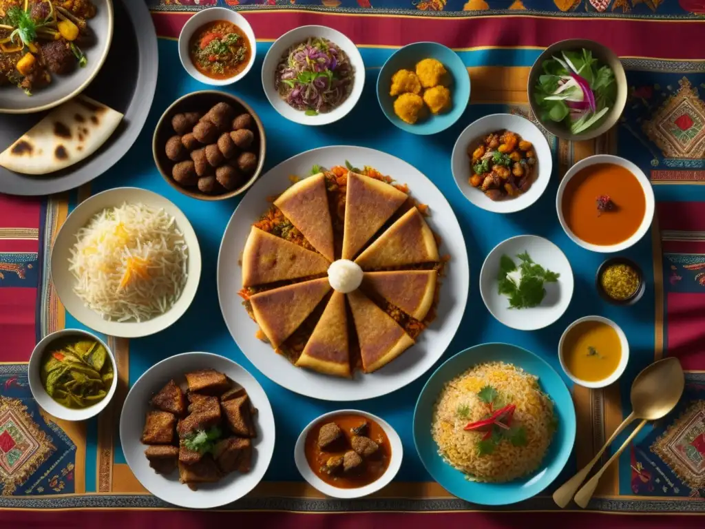 Una festín MongolIndio en una mesa decorada con detalle, mostrando platos históricos vibrantes y exquisitos