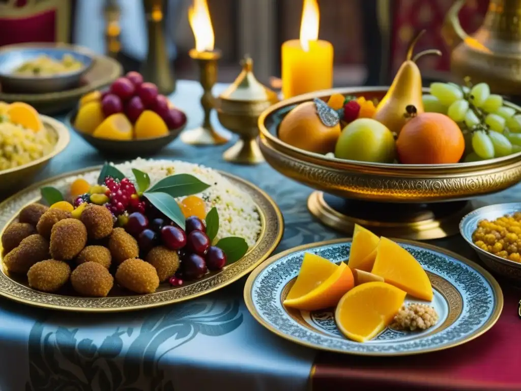 Banquete medieval: Lujo y exotismo en la mesa árabe Un festín opulento medieval del Medio Oriente con exóticos manjares y lujosos detalles, evocando las costumbres alimentarias de la región