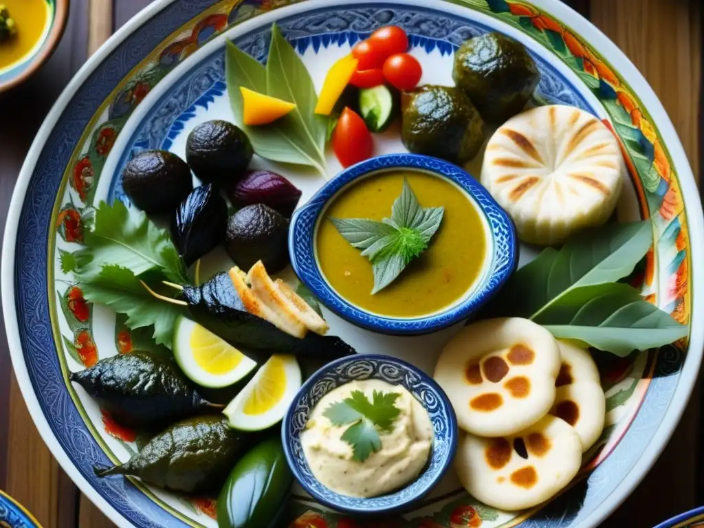 Un festín otomano: plato de cerámica lleno de coloridas y elaboradas meze turcas