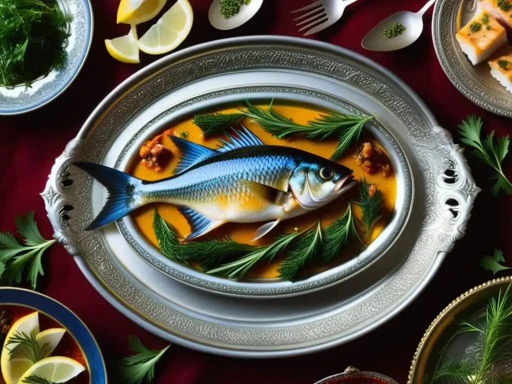 Una festín de Pescados Otomanos: un banquete exquisito de pescados y mariscos en platos de plata rodeados de especias y hierbas frescas