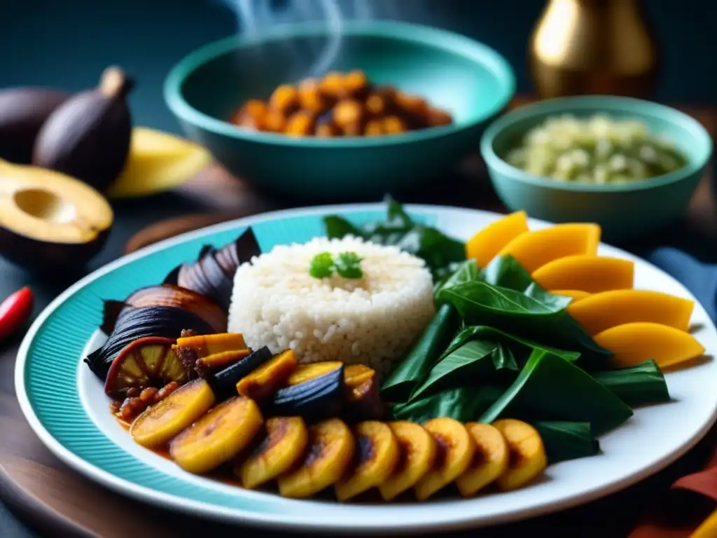 Un festín de Platos africanos tradicionales saludables: arroz jollof, plátanos asados, estofado de maní y verduras, con detalles vibrantes